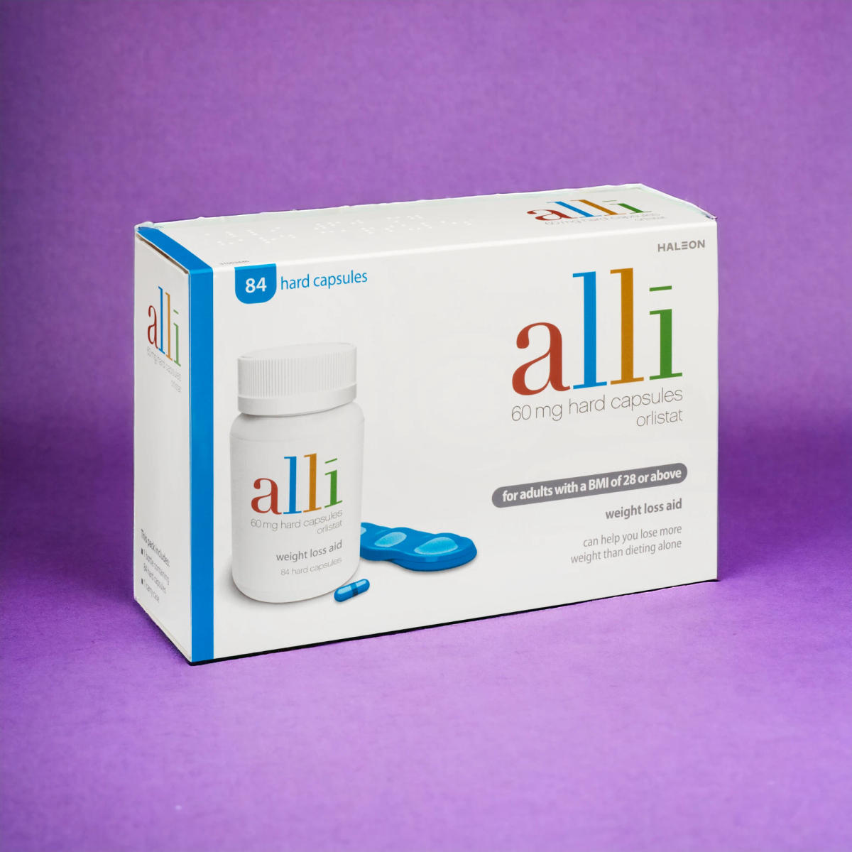 Alli pills on purple background thumbnail