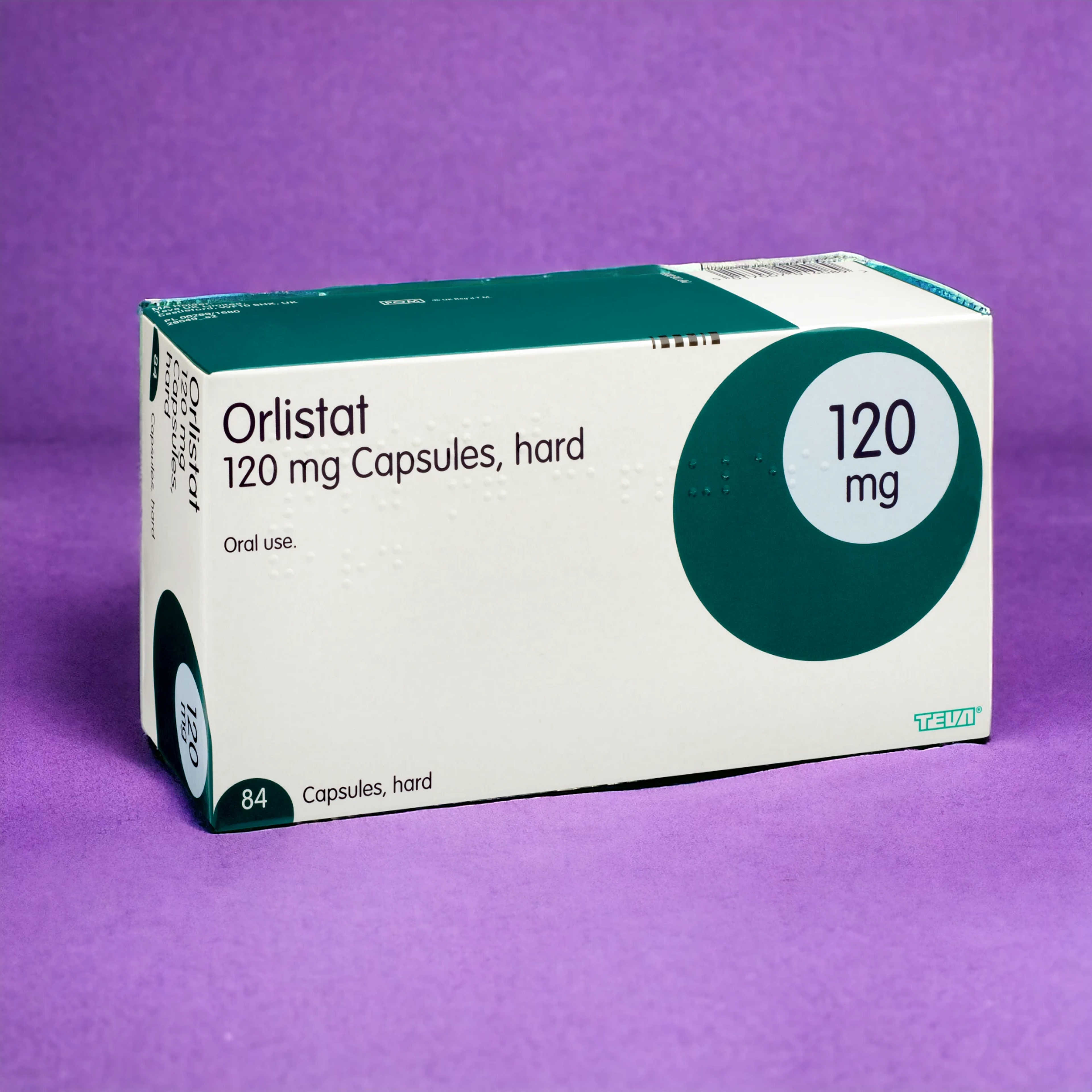 Orlistat box on purple background