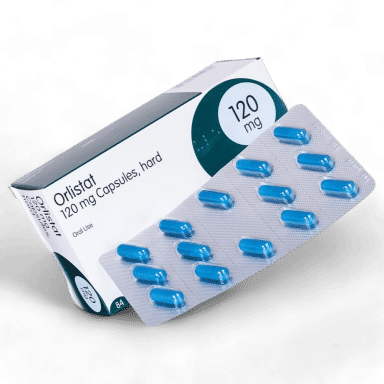 Orlistat box open with pills
