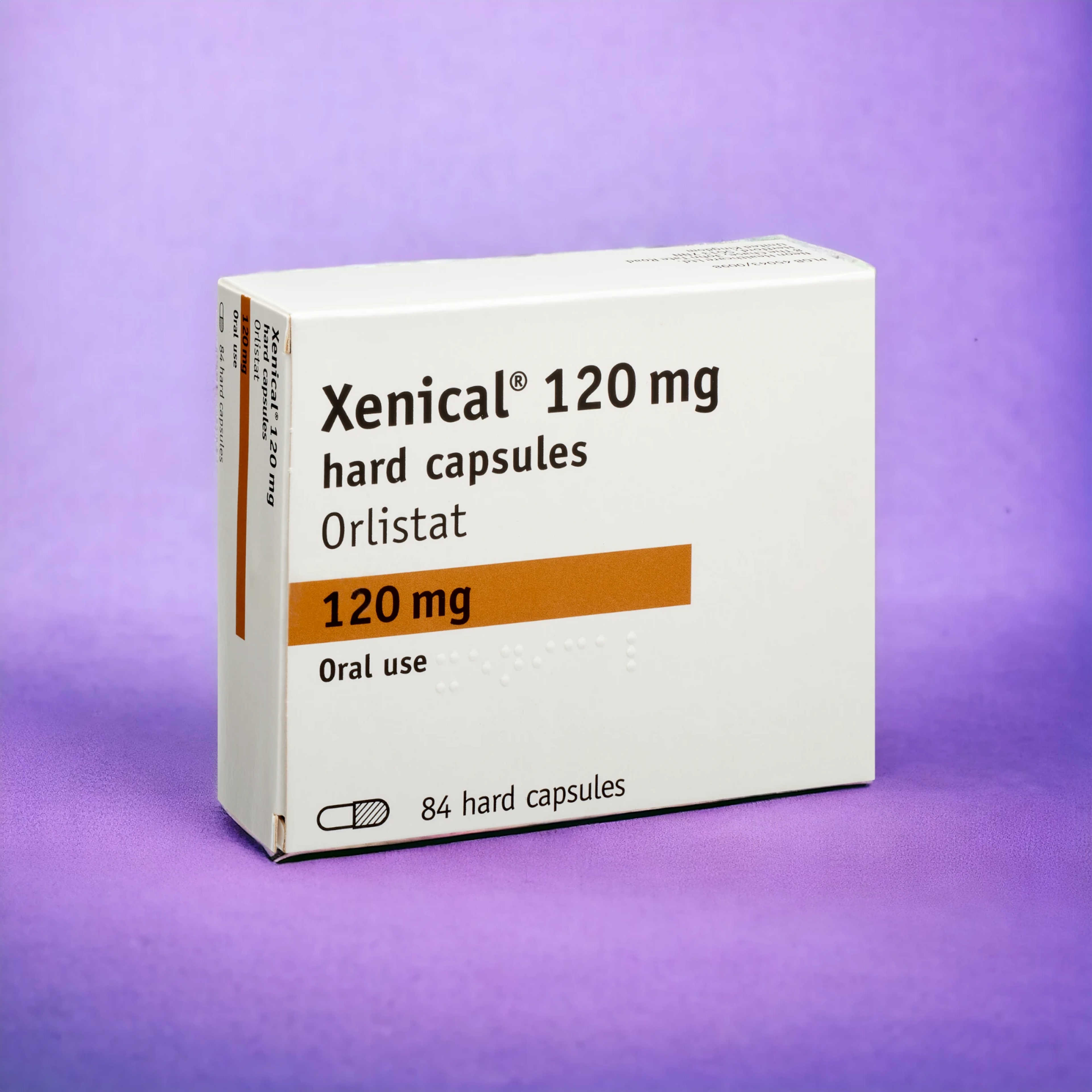 Xenical pills on purple background