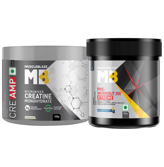 Muscleblaze Combo Pack of Creatine Monohydrate & Pre-Workout 200 Xtreme (100gm Each) Unflavored & Berry Bolt