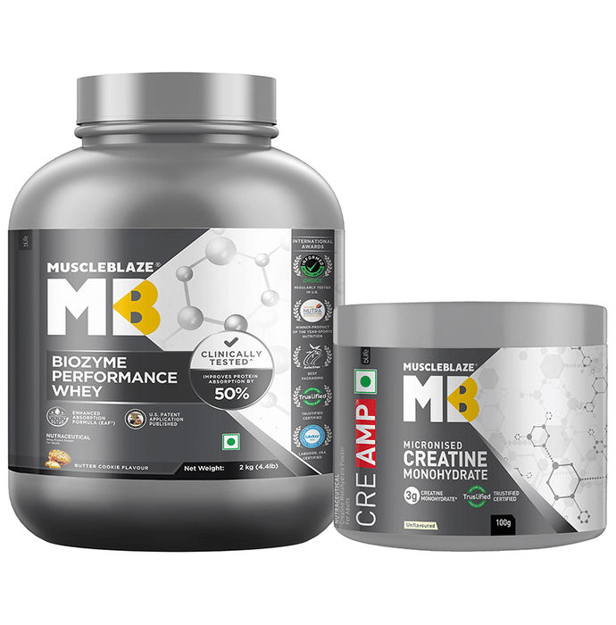 Muscleblaze Combo Pack of Biozyme Performance Whey Protein Powder Chocolate Butter Cookie (2kg) & Creatine Monohydrate Unflavoured (100gm)