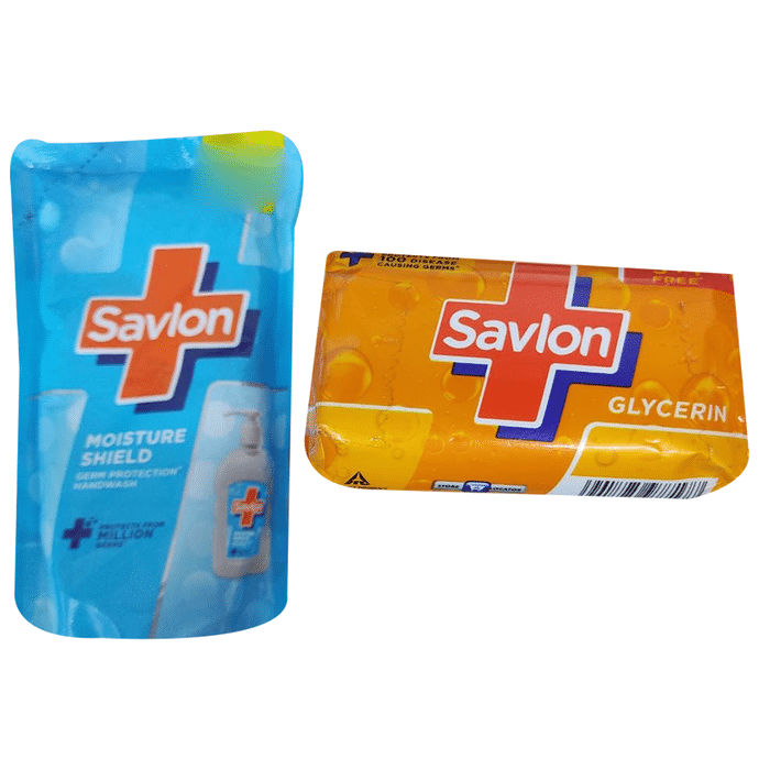 Savlon Glycerin Soap 125gm Each with Savlon Moisture Shield Handwash 175ml Free