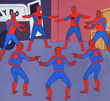 8 spidermen pointing