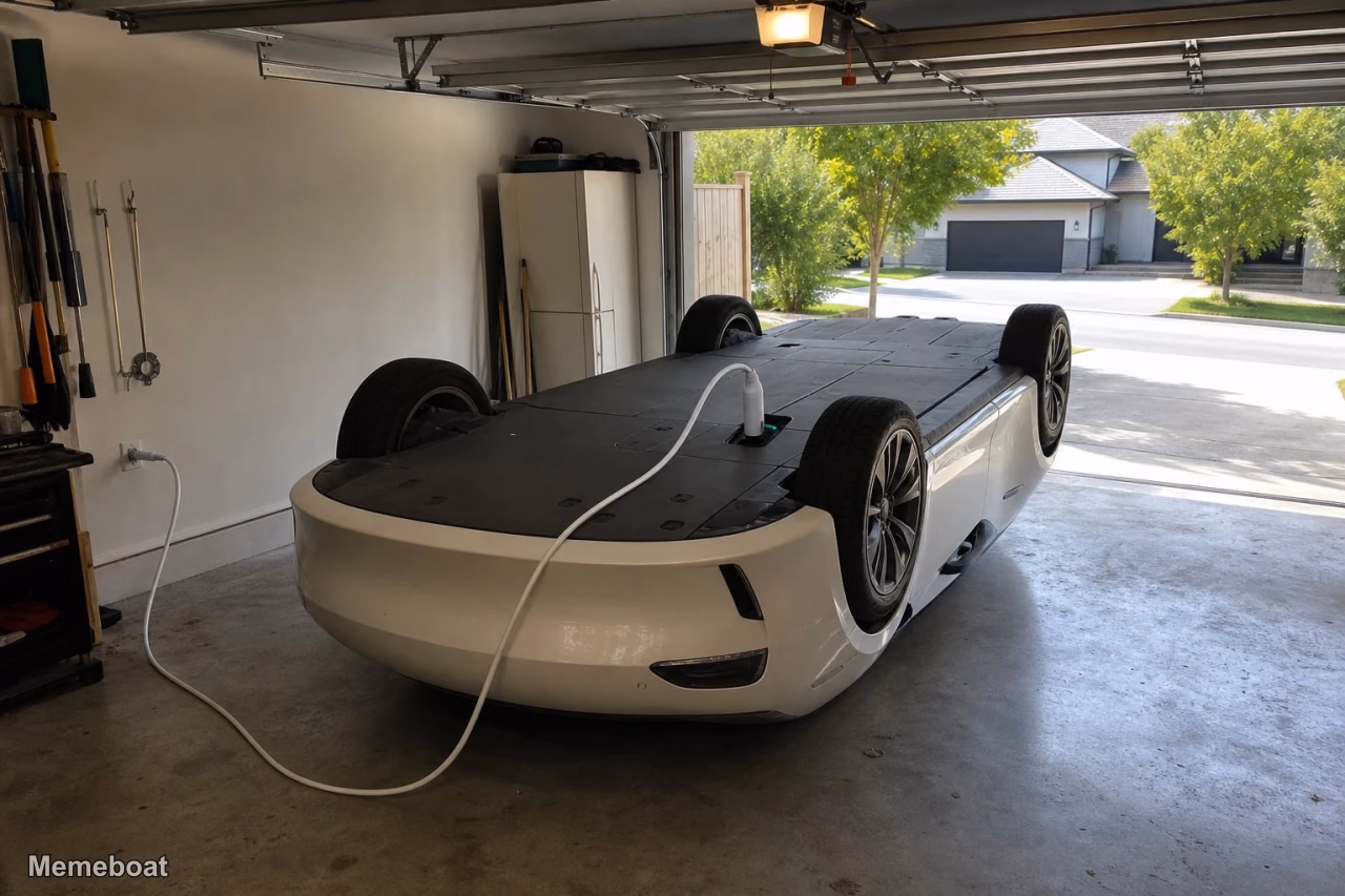A Car Charging Upside Down in a Garage - meme generator image preview