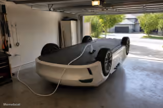 A Car Charging Upside Down in a Garage