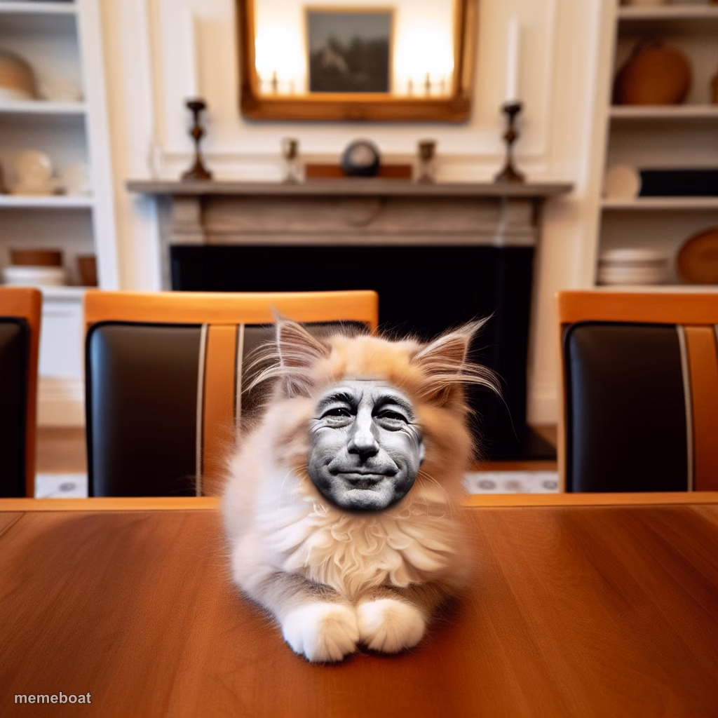 A kitten with a man´s face sitting on a table - meme generator image preview