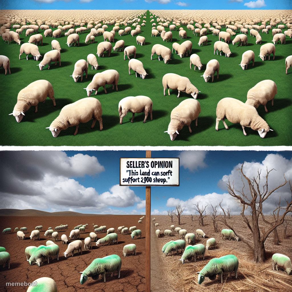 A split image where the top half shows a lush, green pasture fil - meme generator image preview