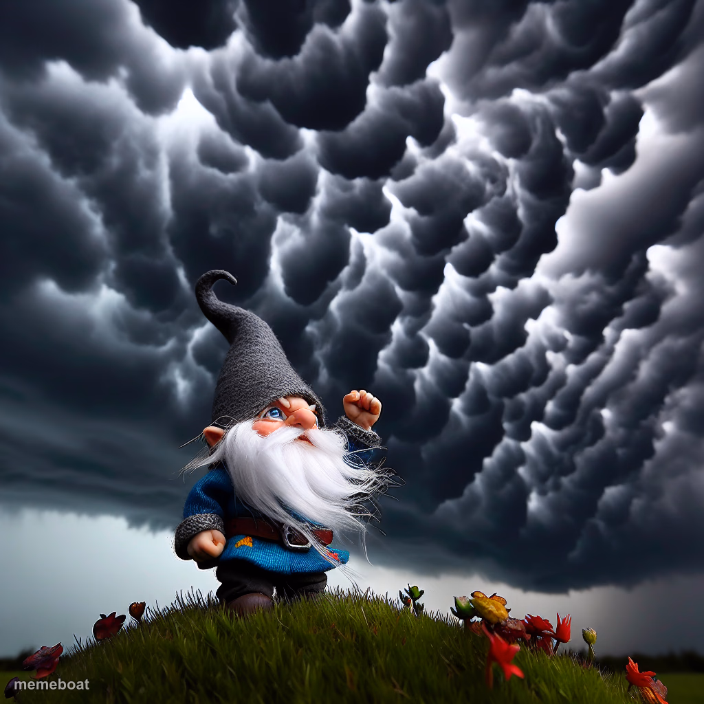 Angery gnome shaking his fist at the clouds - meme generator image preview