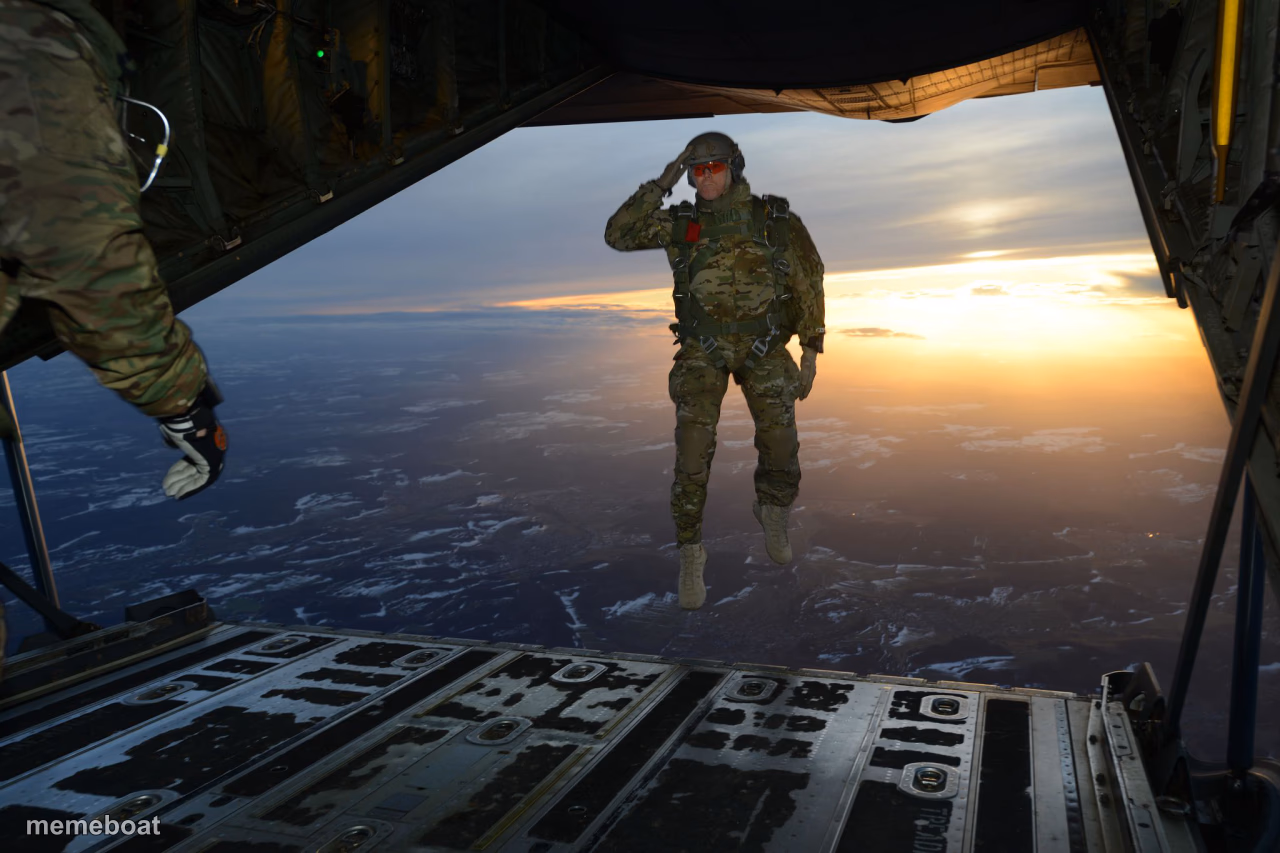 Army soldier jumping out of plane - meme generator image preview