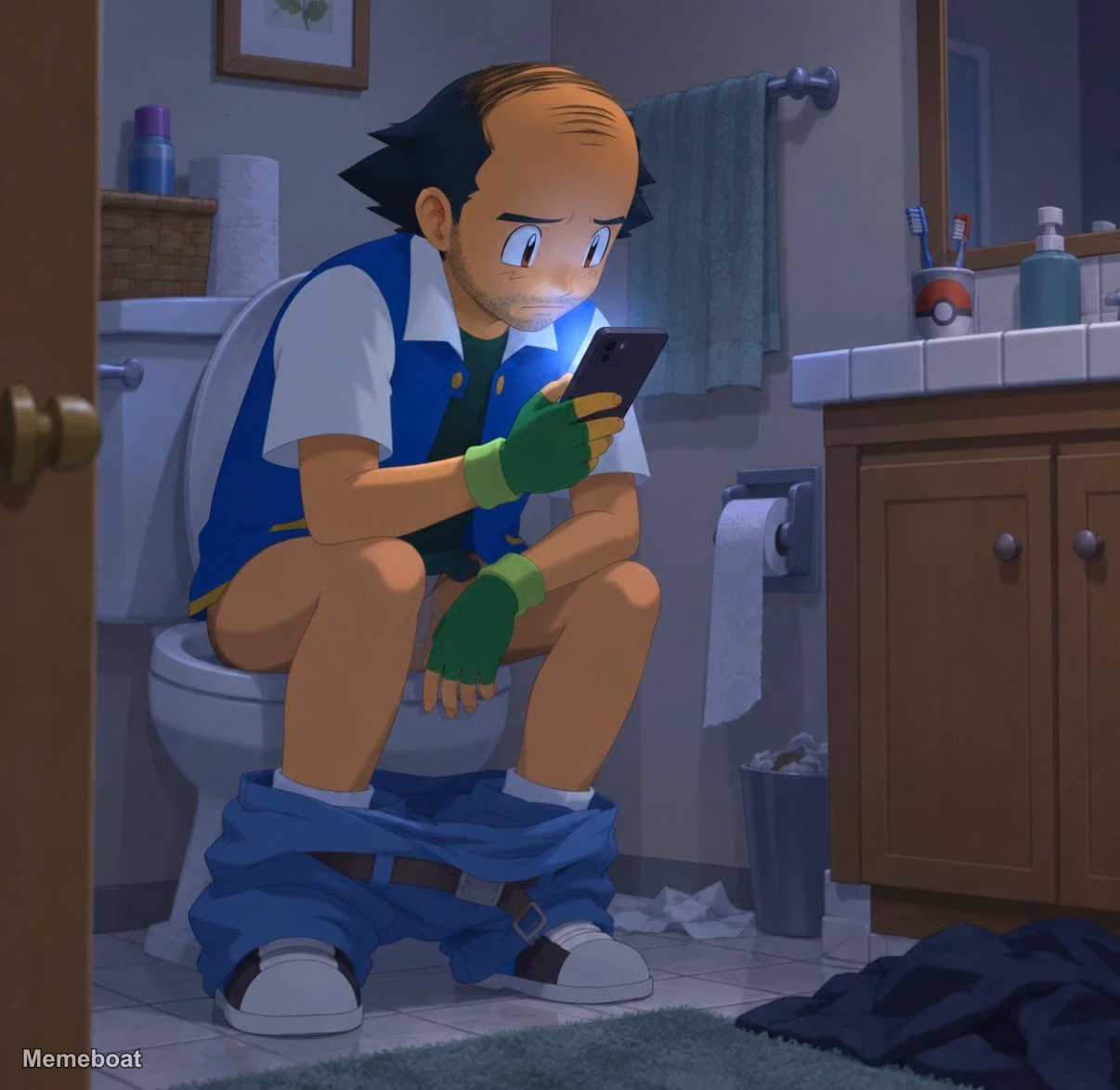 Bald Ash doomscrolling sitting on a toilet - meme generator image preview