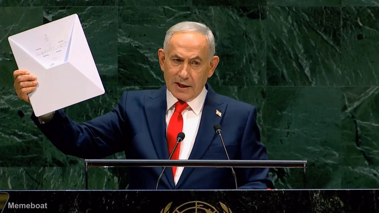 Benjamin Netanyahu holding up a Starlink dish - meme generator image preview