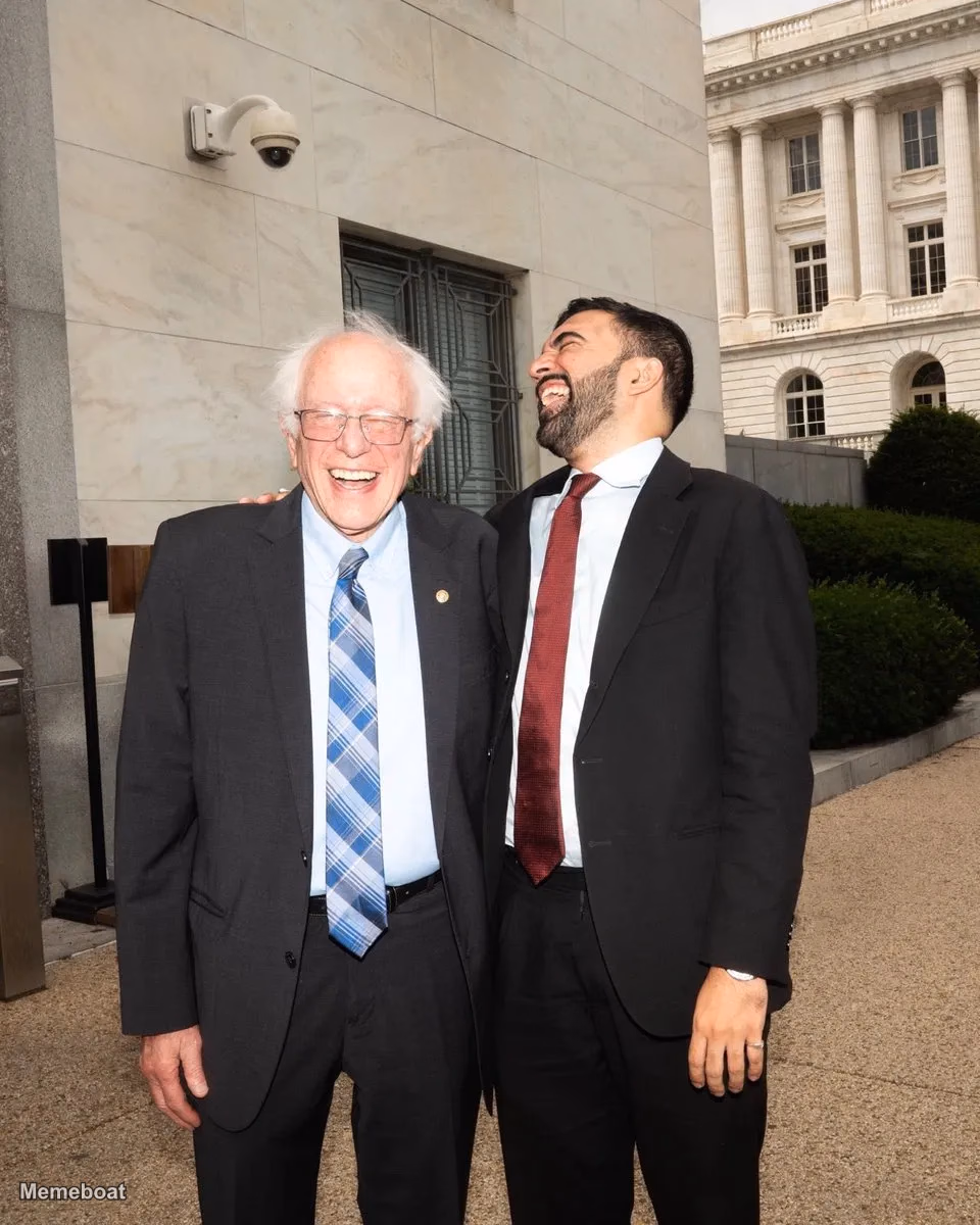 Bernie Sanders And Zohran Mamdani Laughing Outdoors - meme generator image preview