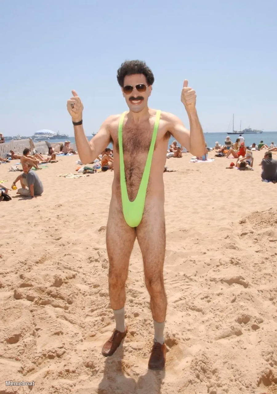 Borat in Banana Hammock on Beach - Sacha Baron Cohen - meme generator image preview