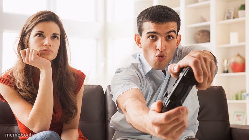 Bored woman boyfriend playing video game - meme generator image preview