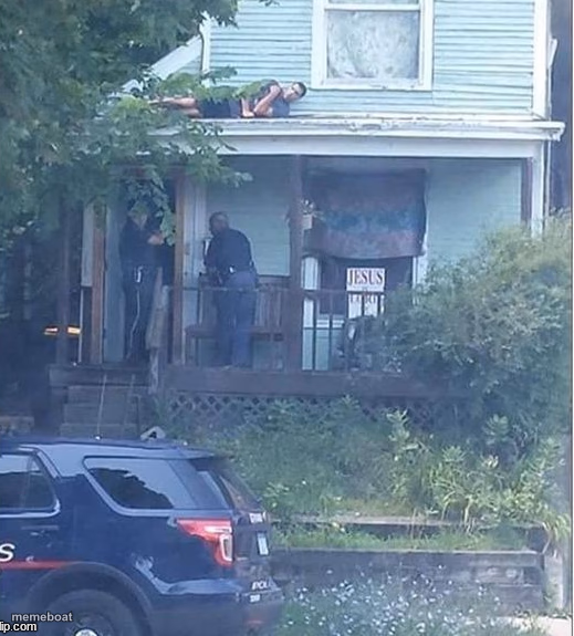 Guy On Porch Roof Standoff - meme generator image preview