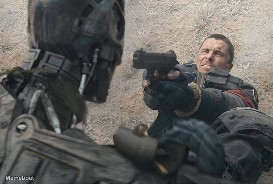 Christian Bale Pointing a Gun at a Robot - Terminator Salvation - meme generator image preview