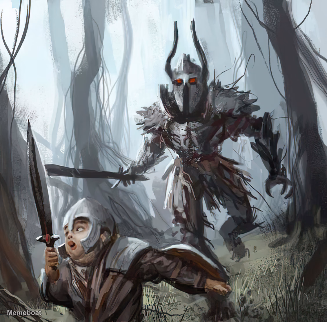 Chubby Girl Knight Fleeing Monster - meme generator image preview