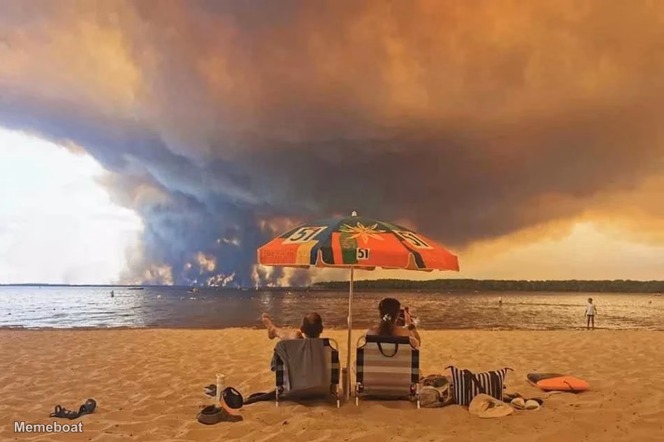 Couple Looking At Wildfire On Beach - meme generator image preview