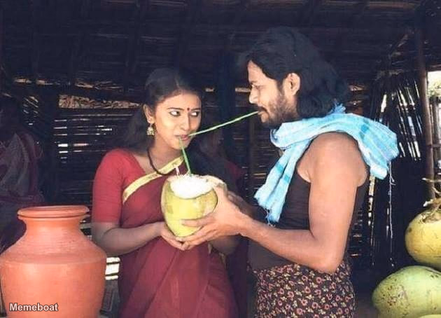 Couple Sharing a Coconut With Two Straws - meme generator image preview