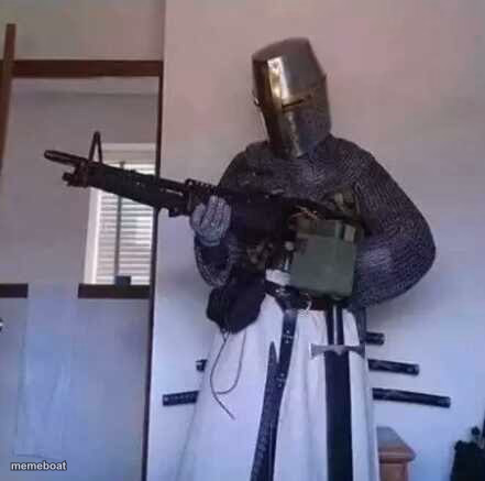 Crusader knight with M60 Machine Gun - meme generator image preview