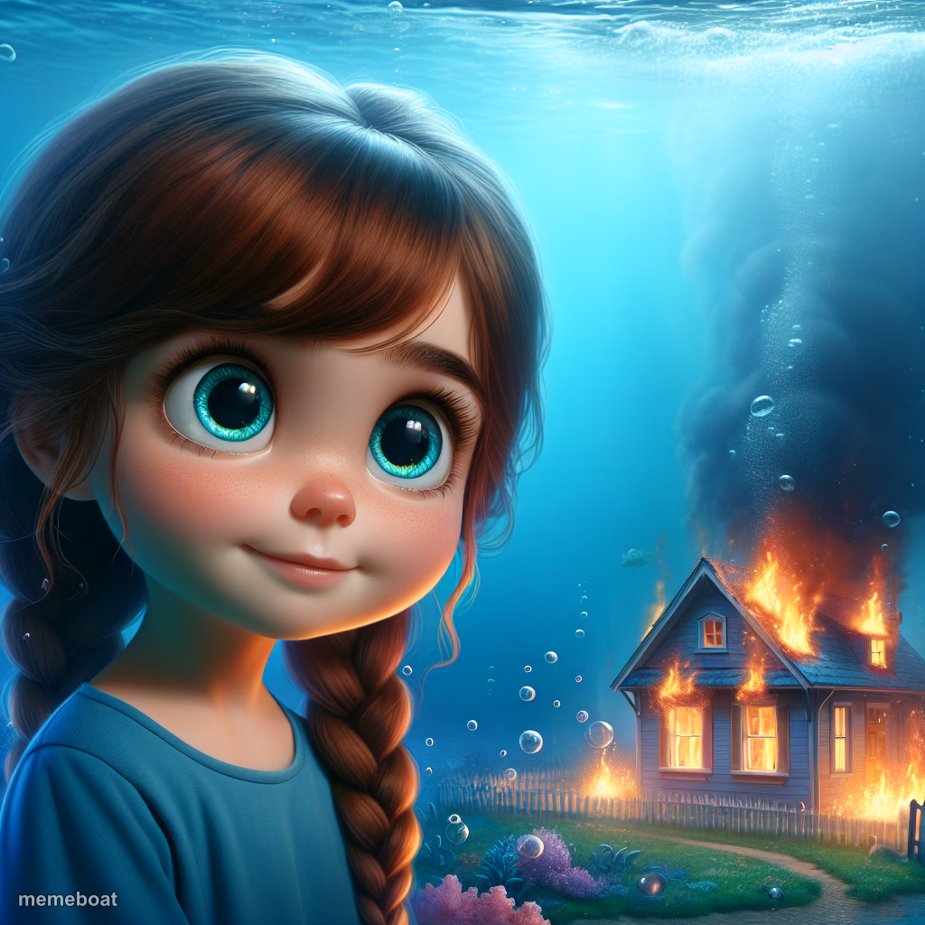 Cute girl looking at a burning house underwater - meme generator image preview