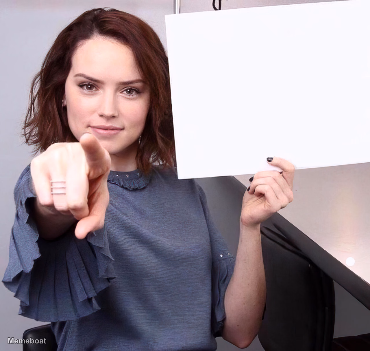 Daisy Ridley Pointing with Blank Sign - meme generator image preview