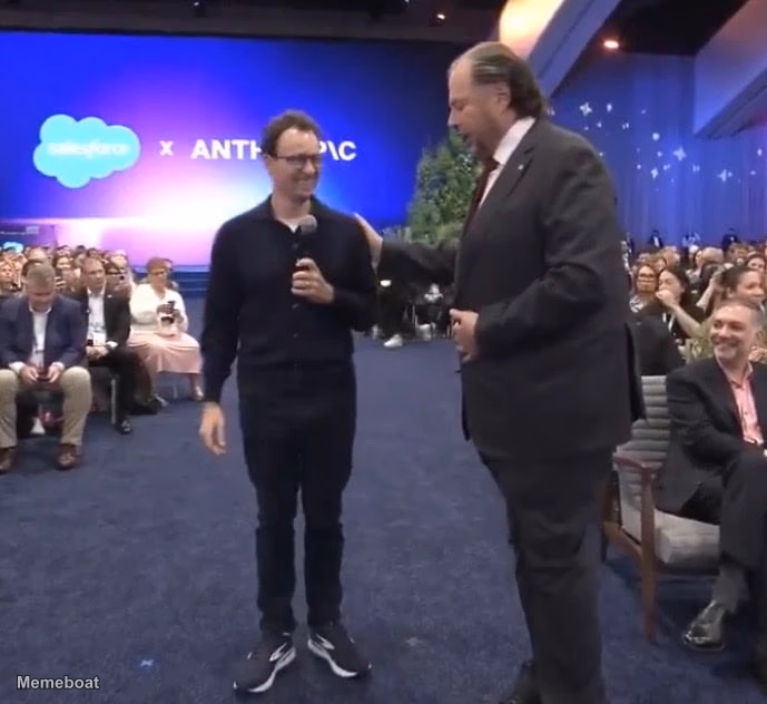 Dario Amodei with Marc Benioff at Dreamforce 2026 - meme generator image preview