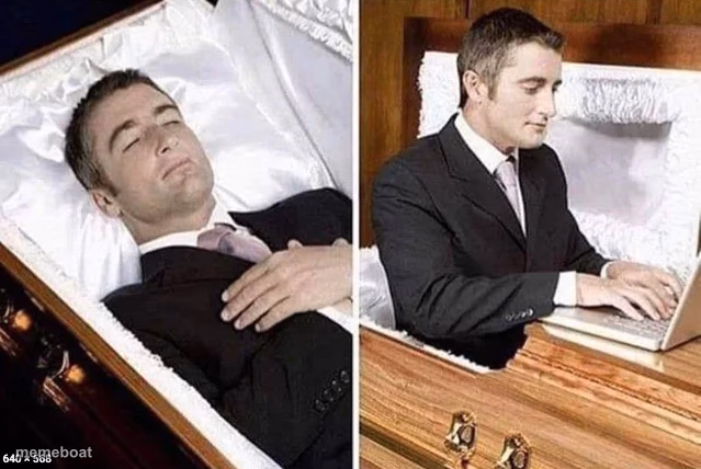 Dead person rising out of coffin to type - meme generator image preview