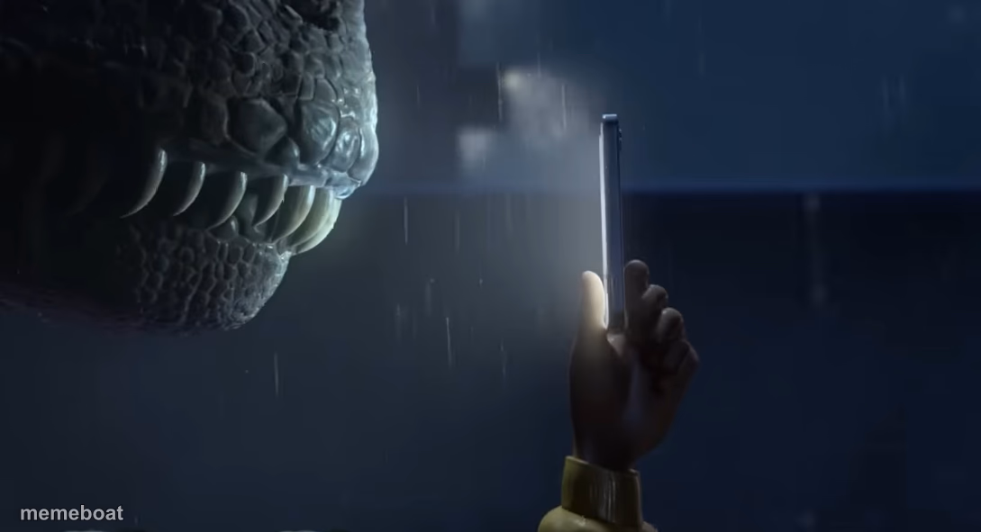 Dinosaur looking at phone - meme generator image preview