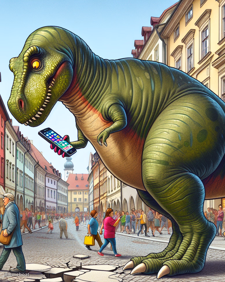 dinosaur looking at phone while crossing street - meme generator image preview