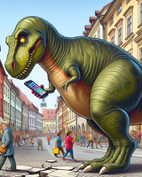 dinosaur looking at phone while crossing street