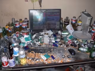 Dirty Messy Computer Desk With Cigarettes and Trash