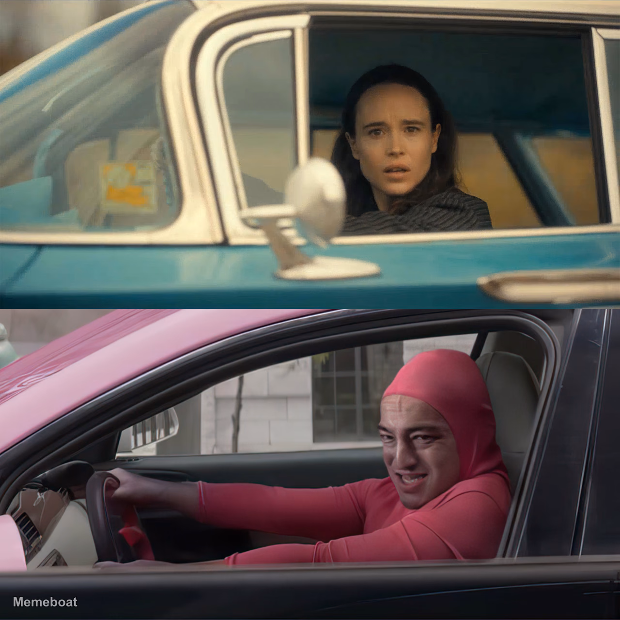 Elliot Page Driving Past Pink Guy - meme generator image preview