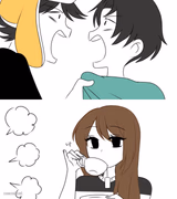 Emirichu sipping tea while 2 boys fight