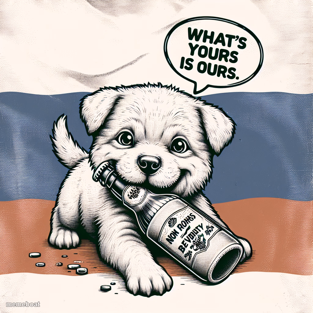 faded Russian flag in background, a puppy holding a bottle of vo - meme generator image preview