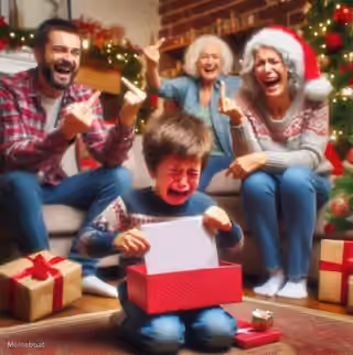 Family Laughing at Crying Child Opening Christmas Present