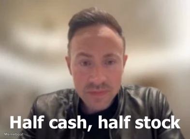 GameStop CEO Ryan Cohen "Half Cash, Half Stock" - Interview with CNBC - meme generator image preview
