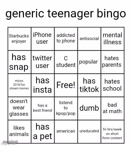 generic teenager bingo - meme generator image preview