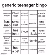 generic teenager bingo