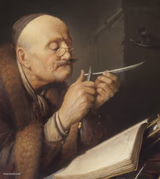 Gerrit Dou, Old Scholar sharpening a Quill Pen