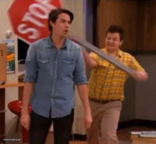 Gibby hitting Spencer with a stop sign - meme generator image preview
