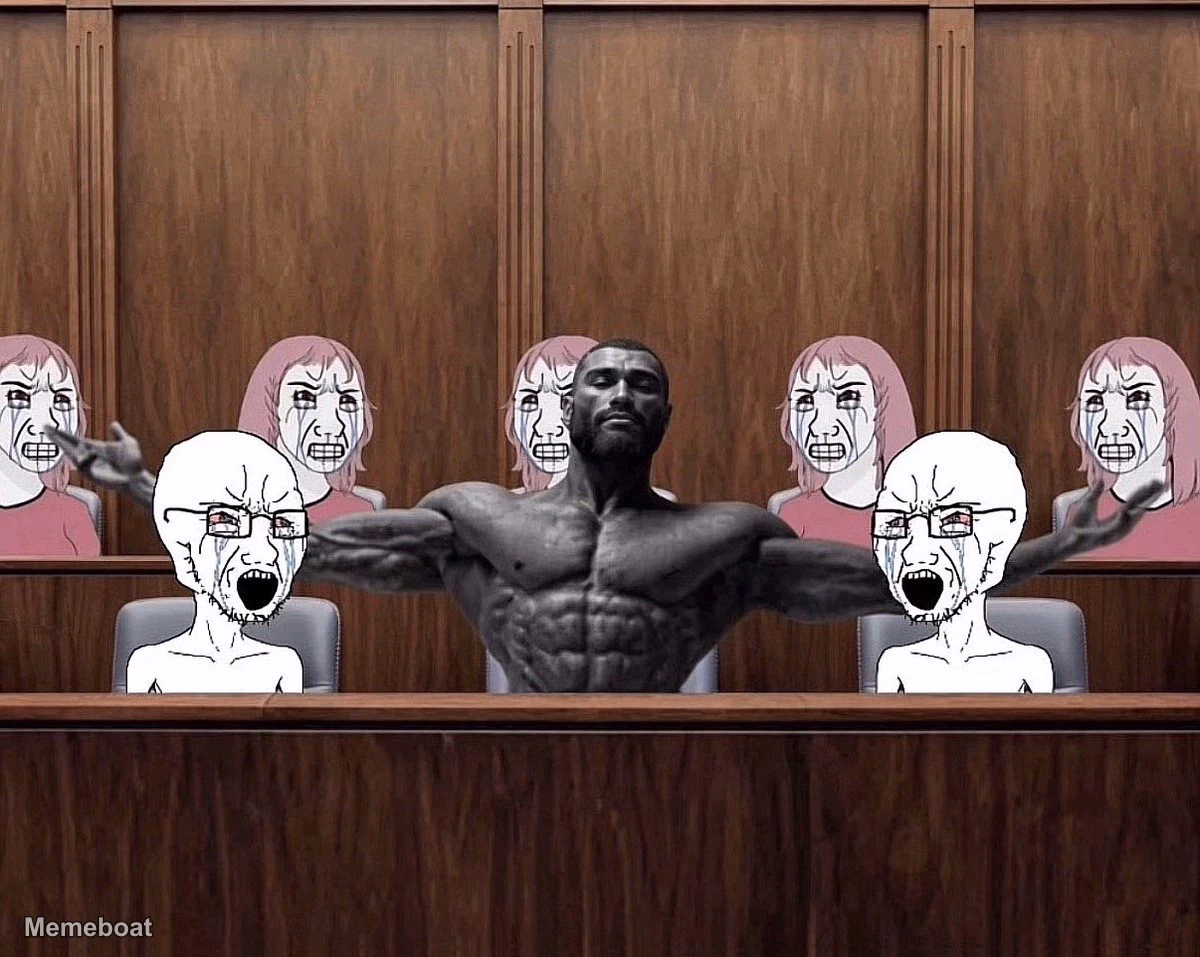 Gigachad in Court with Crying Wojaks - meme generator image preview