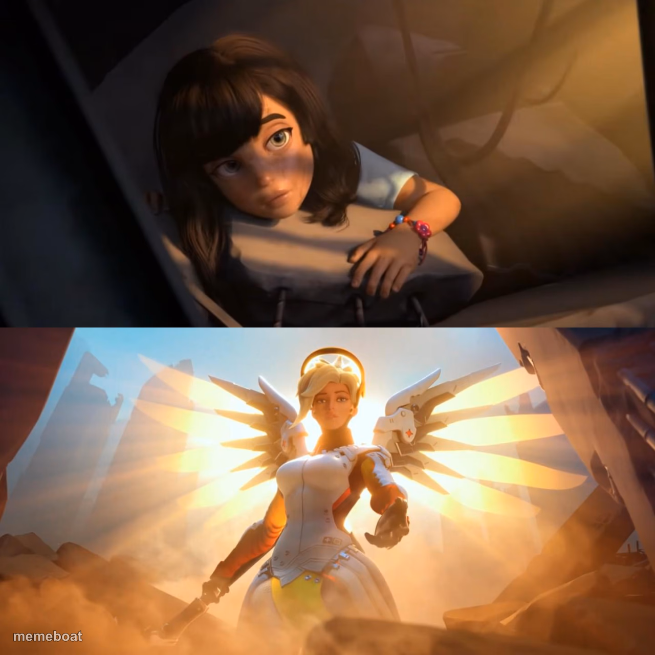 Girl being saved by glowing angel - meme generator image preview