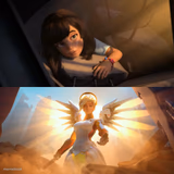 Girl being saved by glowing angel