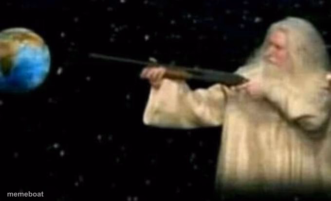 God pointing gun at earth - meme generator image preview