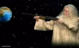 God pointing gun at earth