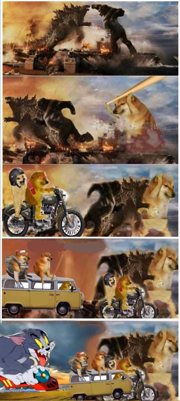 Godzilla Vs King Kong vs Doge vs buff Doge vs Tom - meme generator image preview