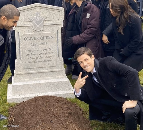 grant gustin over grave cropped headstone rip tombstone - meme generator image preview