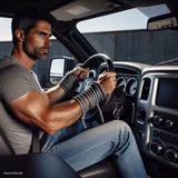 Guy driving a dodge ram tied up